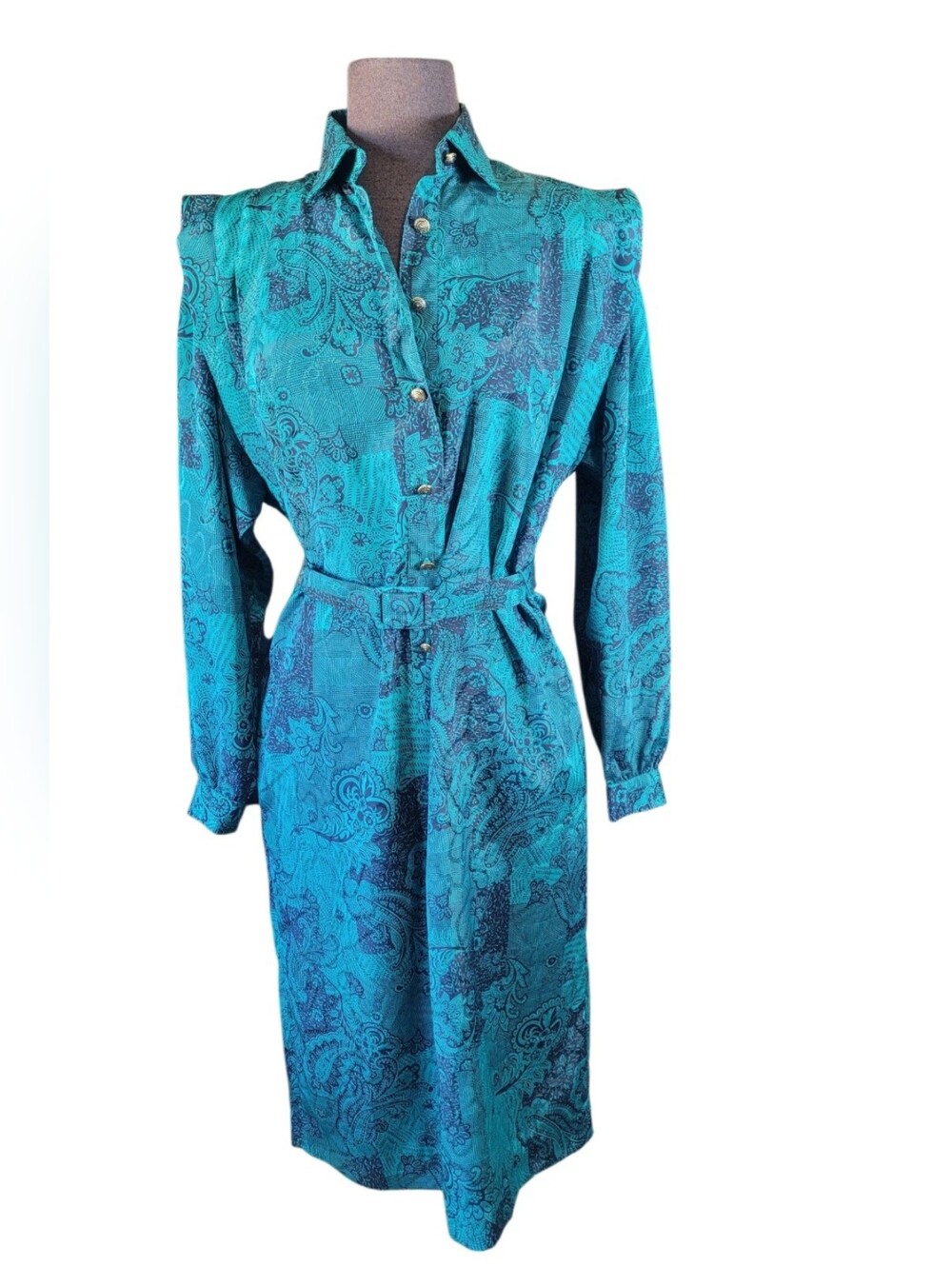 Vintage Schrader Teal Paisley Button-Front Long Sleeve Dress Retro Jacard
